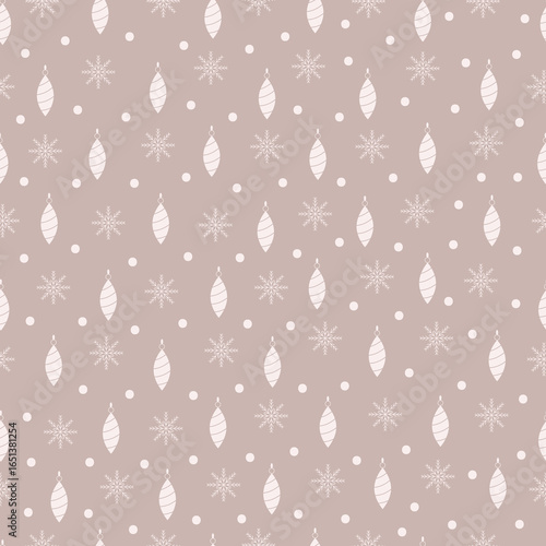 Christmas baubles vector seamless pattern. Holly jolly monochromatic surface design of Xmas balls, polka dots and snowflakes on pink background