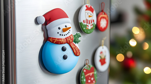 Festive Snowman Magnet on Refrigerator with Christmas Ornaments
