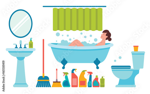Woman relaxing in a bubble bath with cleaning supplies and bathroom fixtures