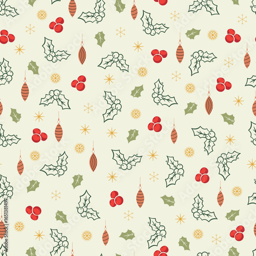 Christmas holly leaves vector seamless pattern. Holly jolly Xmas surface design of spiny laurel leaves, baubles and snowflakes on white background