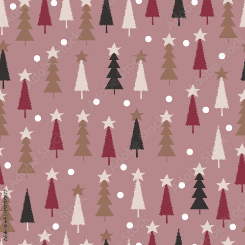 Christmas tree vector seamless pattern. Holly jolly Xmas surface design of pine trees, stars and polka dots on pink background