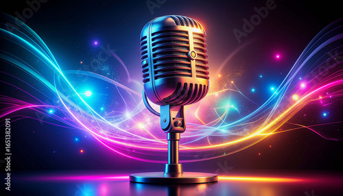 Abstract neon light mic artwork design, digital art, wallpaper, stunning, intricate