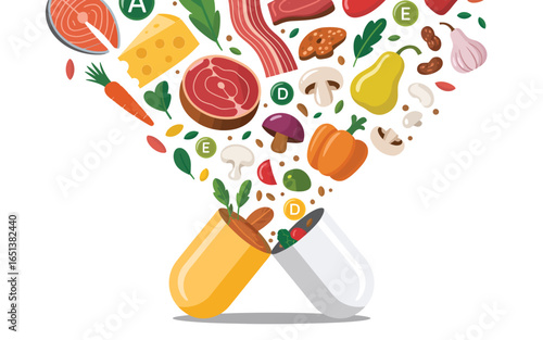 Nutritional supplement capsule spilling out healthy foods and ingredients