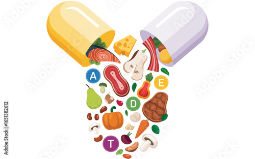 Open capsule revealing healthy foods and vitamins