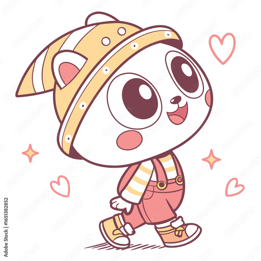 Fototapeta premium Walking character with hat, overalls and love hearts, stars around