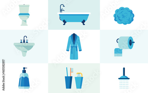 Collection of modern bathroom fixtures and accessories in blue tones