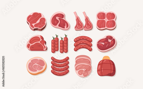 Collection of raw meat cuts and sausages packaged for sale