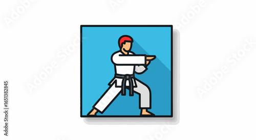 Martial Artist in White Gi Performing a Karate Stance with Focused Expression.