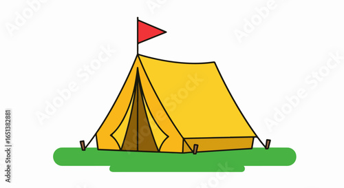 Vibrant Yellow A-Frame Tent with Red Flag on Green Grass.