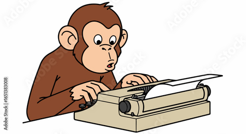 Cartoon Monkey Typing on Vintage Typewriter with Focused Expression.