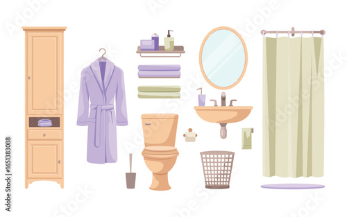 Collection of bathroom items including a tall cabinet bathrobe sink and shower curtain