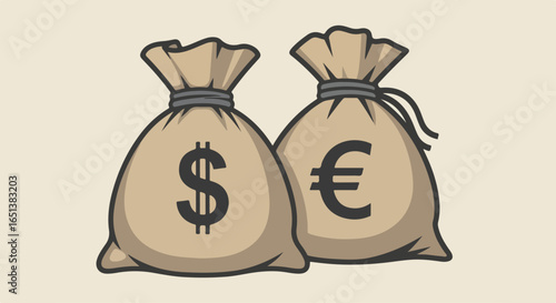 Two Canvas Money Bags with Dollar and Euro Symbols.