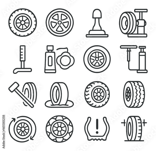 Outline icons of tires and tire-related tools on grey background