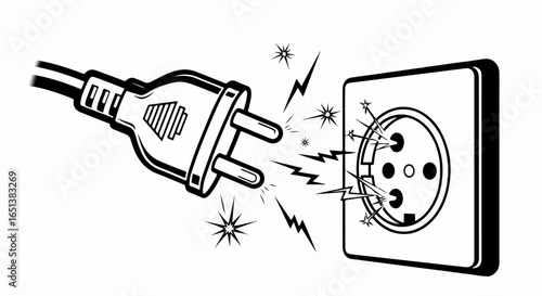 Electrical Plug Connecting to Socket with Sparks and Lightning Bolts.