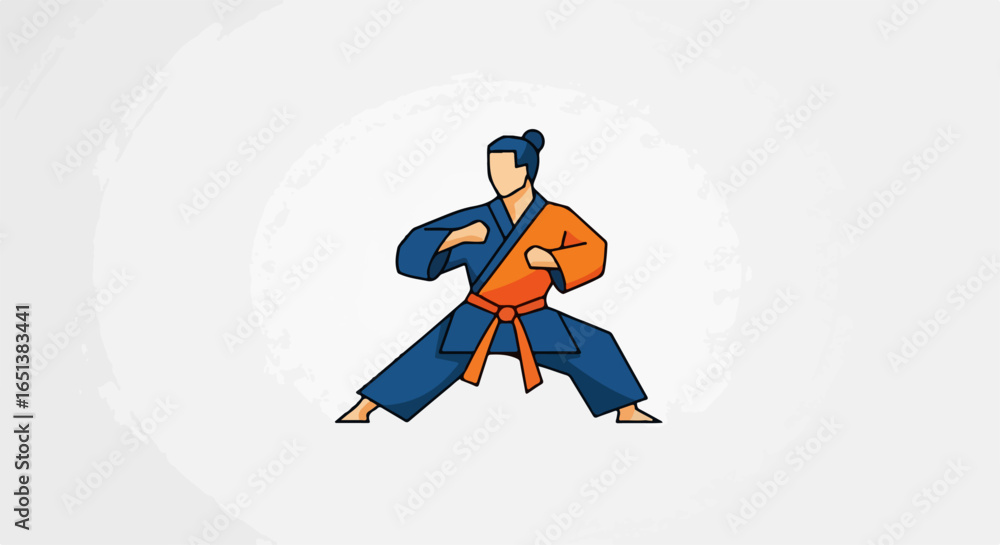 Obraz premium Martial Artist in Dynamic Stance, Blue and Orange Gi.