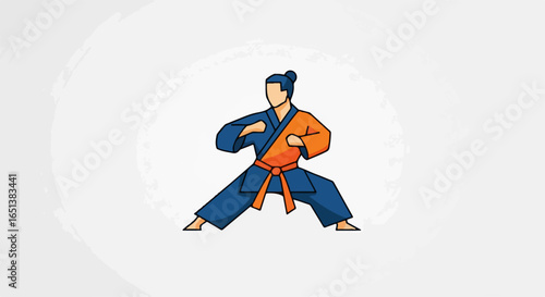 Martial Artist in Dynamic Stance, Blue and Orange Gi.