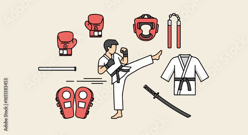 Martial Artist Performing High Kick Surrounded by Combat Gear and Uniform.