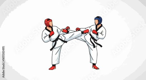 Two Taekwondo Fighters Executing Dynamic Kicks in White Uniforms and Red Headgear.