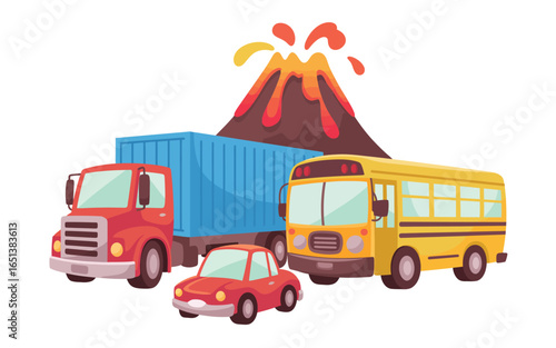 Cartoon collection of vehicles and a volcanic eruption