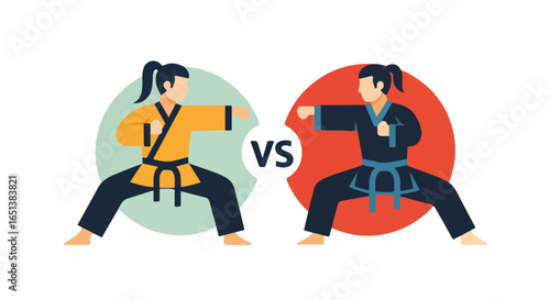 Two martial artists in traditional gis facing off in a combat stance.