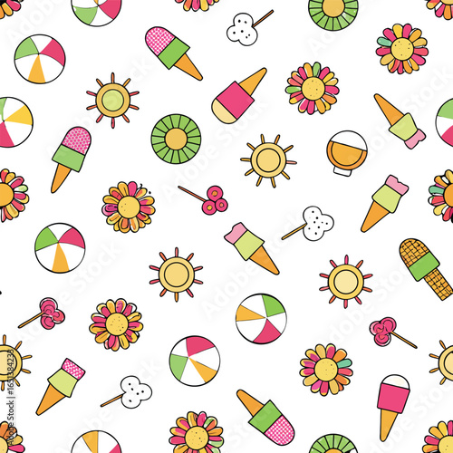 Summery pattern of colorful beachballs, ice cream cones, suns and flowers
