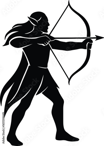 Vector Illustrator Archer Elf aiming bow and arrow Silhouette