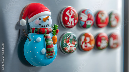 Festive Snowman Magnet on Refrigerator with Christmas Ornaments