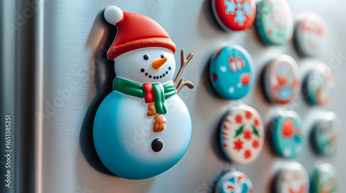 Festive Snowman Magnet on Refrigerator with Christmas Ornaments