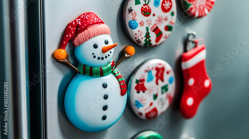 Festive Snowman Magnet on Refrigerator with Christmas Ornaments