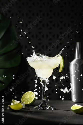 Refreshing margarita cocktail splashes in a glass with lime slices on a dark background, showcasing vibrant colors and dynamic movement, perfect for beverage photography