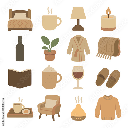 Cozy home vibes: warm colors, soft textures, and relaxing ambience with comfort items