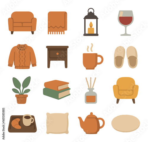 Cozy autumn icons: warmth, comfort, and relaxation imagery collection