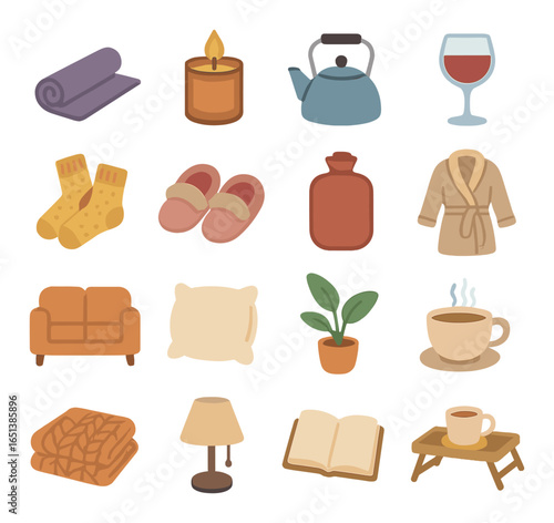 Cozy home elements including candle, kettle, wine, and slippers in warm tones