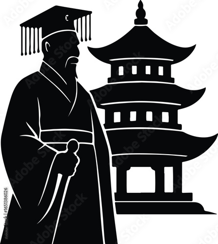 Vector Illustrator Confucius with traditional Chinese architecture Silhouette