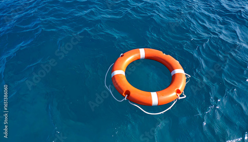 Fototapeta Naklejka Na Ścianę i Meble -  Orange Lifebuoy Floating on Blue Water Surface with White Rope and Reflective Sunlight