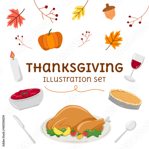 Thanksgiving elements illustration vector set, thanksgiving dinner and symbol, autumn elements 