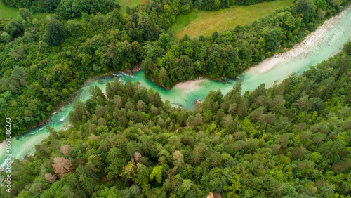 Tableau sur toile Aerial View of a Dense Forest With a Flowing Stream