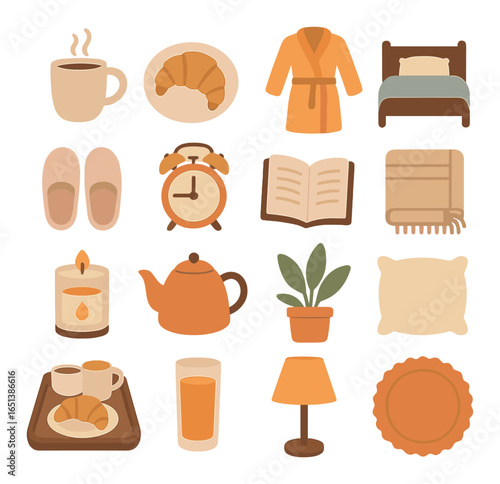 Cozy morning essentials with breakfast and relaxation icons including coffee and croissant