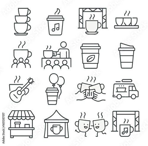 Coffee festival icons featuring cups, music, and social gatherings