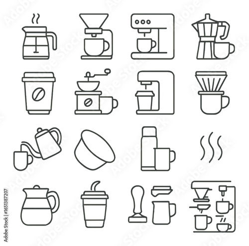 Coffee brewing equipment icons: grinder, drip, espresso, french press, moka pot