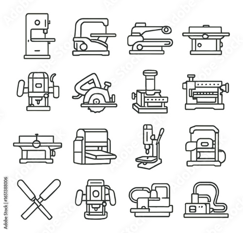 Collection of various power tools: saws, sanders, drills, and planers with outline design