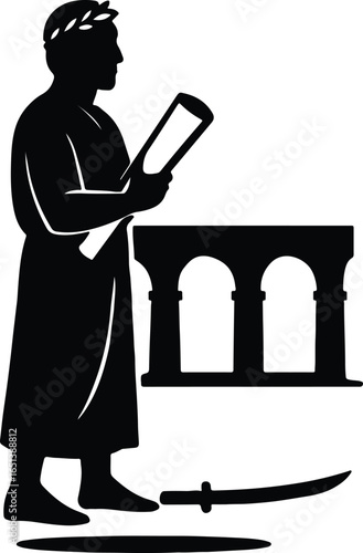 Vector Illustrator Roman senator reading scroll near sword Silhouette