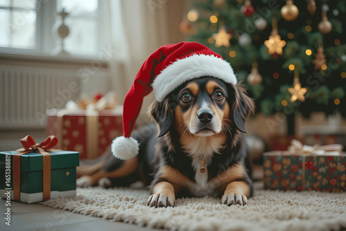 Christmas Dog with Santa Hat and Gifts by Christmas Tree – Cute Holiday Pet Portrait