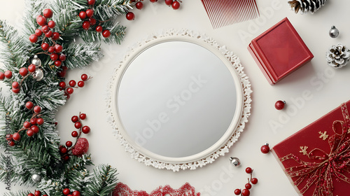 Festive Holiday Setup with Mirror, Red Boxes, and Berry Garland