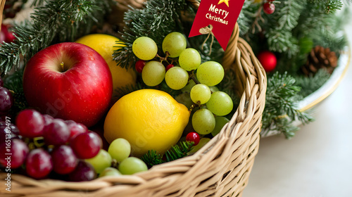 Festive Fruit Basket with Apples, Lemons, Grapes, and Christmas Decorations