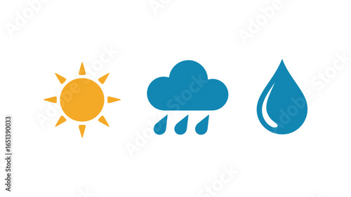 A set of flat design vector icons representing sun, rain cloud, and a raindrop.