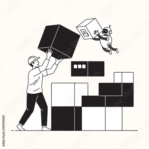 A person and a robot work together to build a structure with blocks, representing collaborative construction, teamwork, and AI-assisted problem-solving.