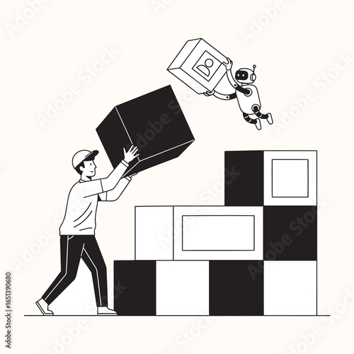 A person and a robot work together to build a structure with blocks, representing collaborative construction, teamwork, and AI-assisted problem-solving.