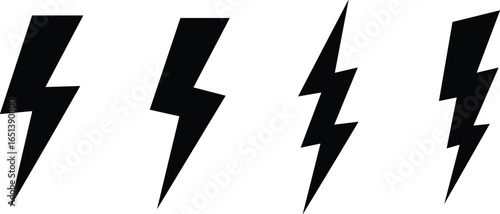 Black lightning bolt icons, thunder symbol design, electric power energy sign, vector silhouette, high voltage warning