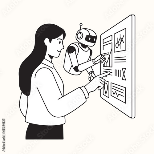 A woman and a robot analyze data on a futuristic transparent screen, demonstrating a collaborative approach to data visualization and AI-driven insights.